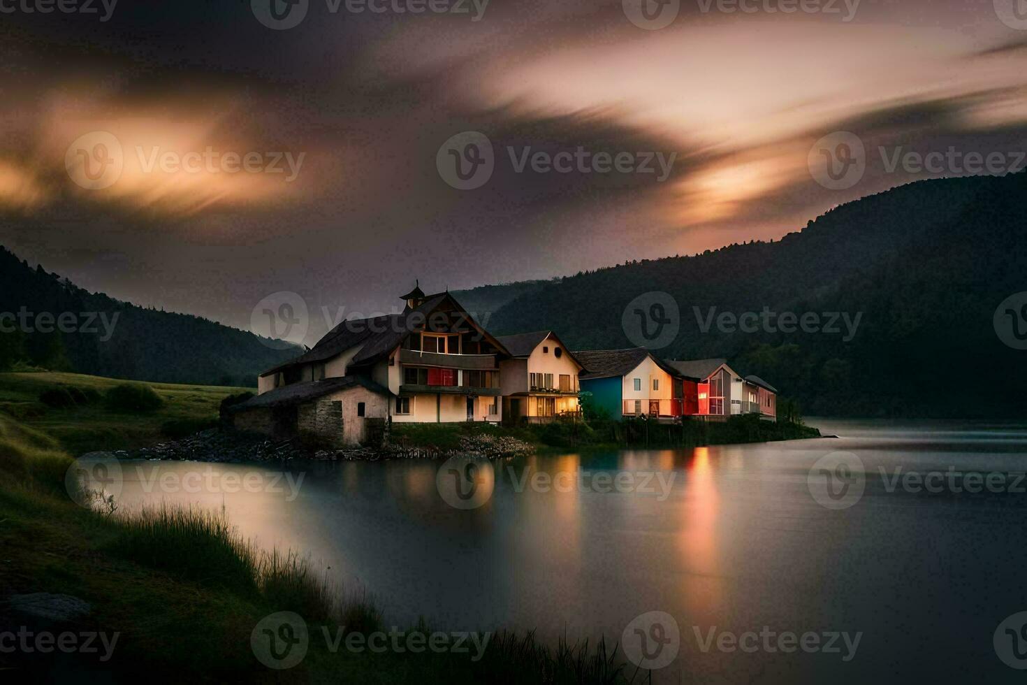 houses on the shore of a lake at dusk. AI-Generated photo