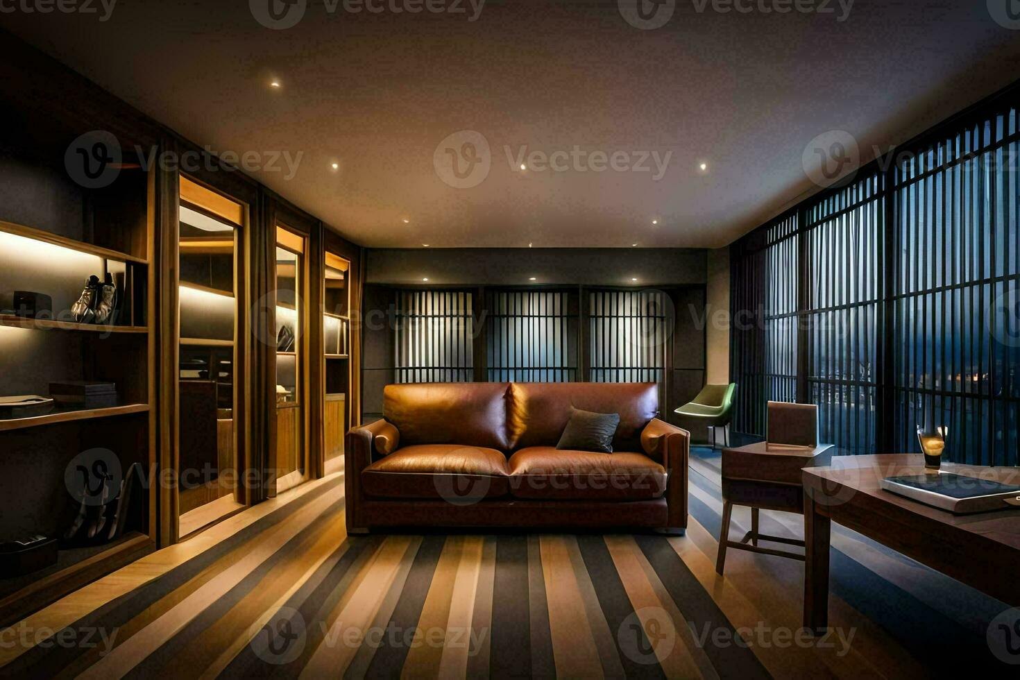 the living room of a hotel room with a leather couch and a desk. AI-Generated photo