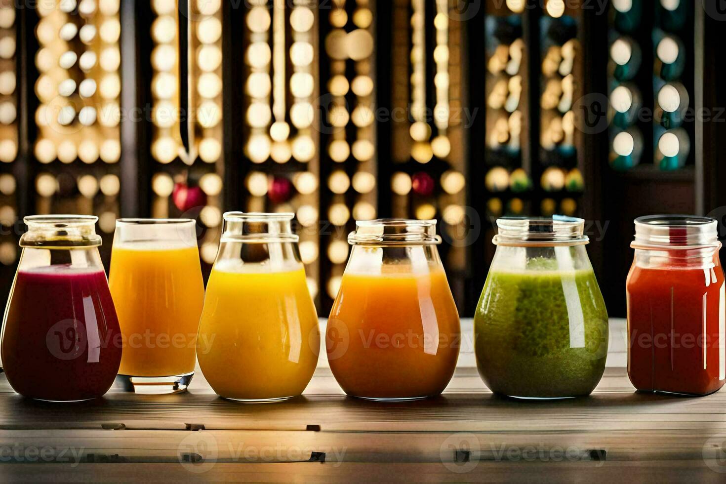 five different types of juices in glass bottles. AI-Generated photo