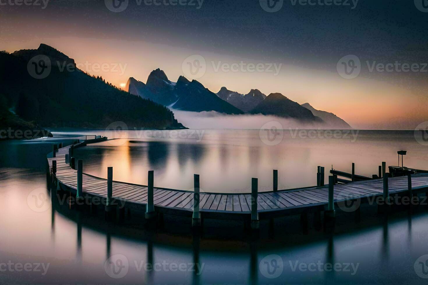 a pier in the middle of a lake with mountains in the background. AI-Generated photo