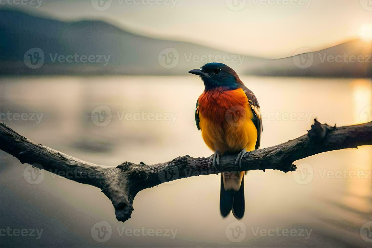 a colorful bird sits on a branch near a lake. AI-Generated photo
