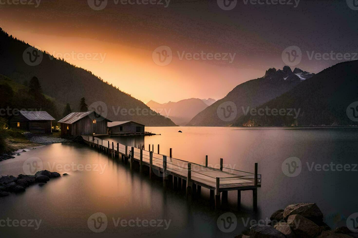a dock at sunset in the mountains. AI-Generated photo