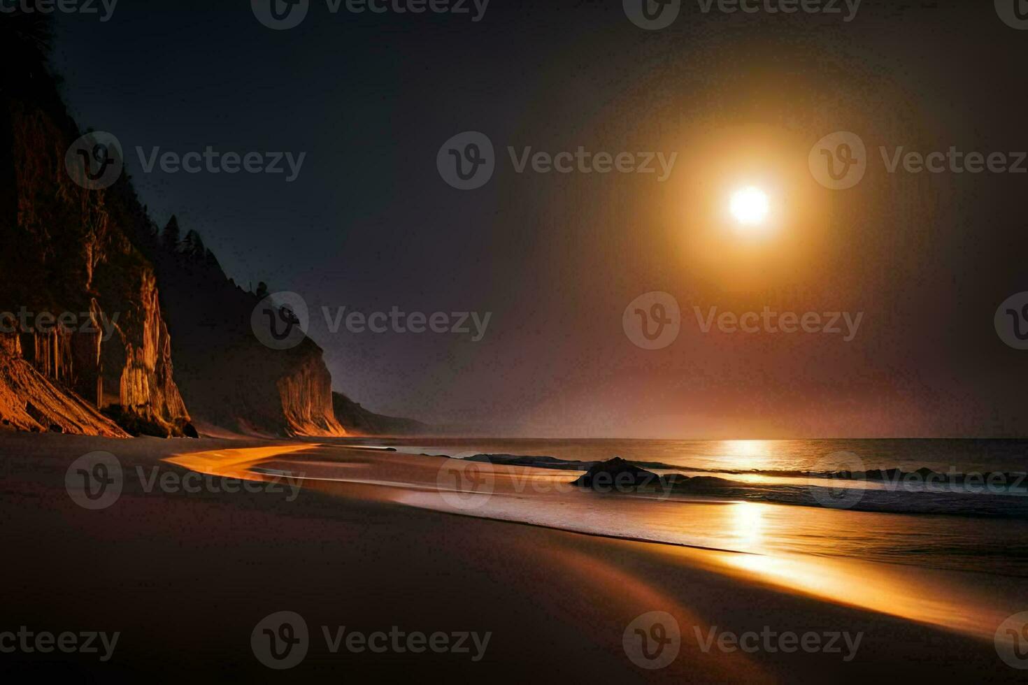 the moon is shining brightly over the ocean. AI-Generated photo