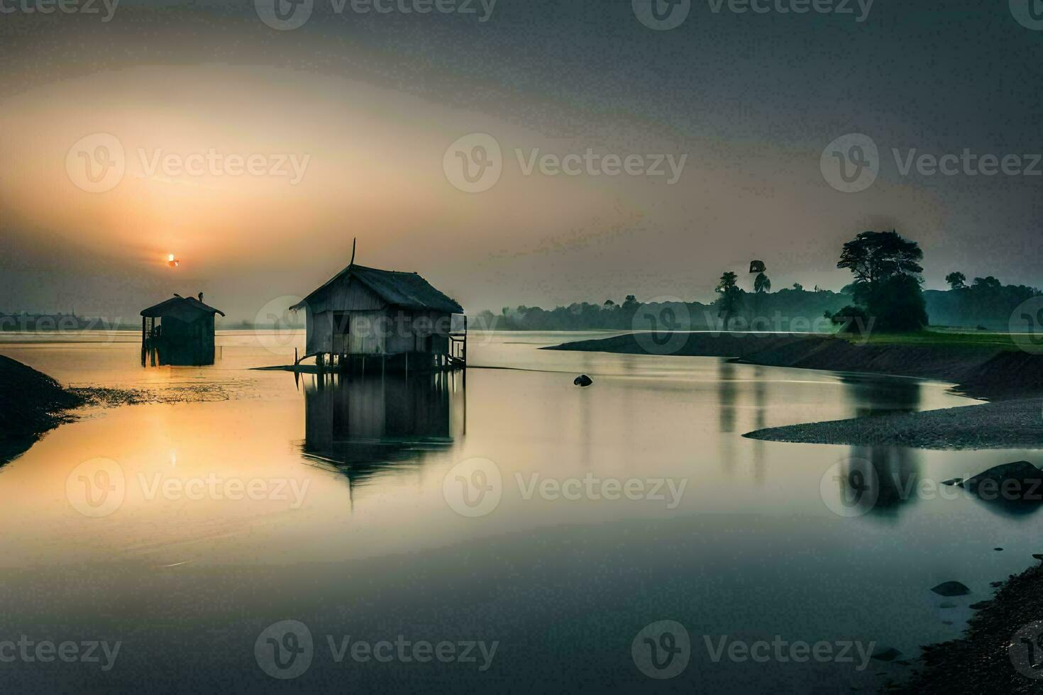 a boat is sitting on the shore of a lake at sunset. AI-Generated photo