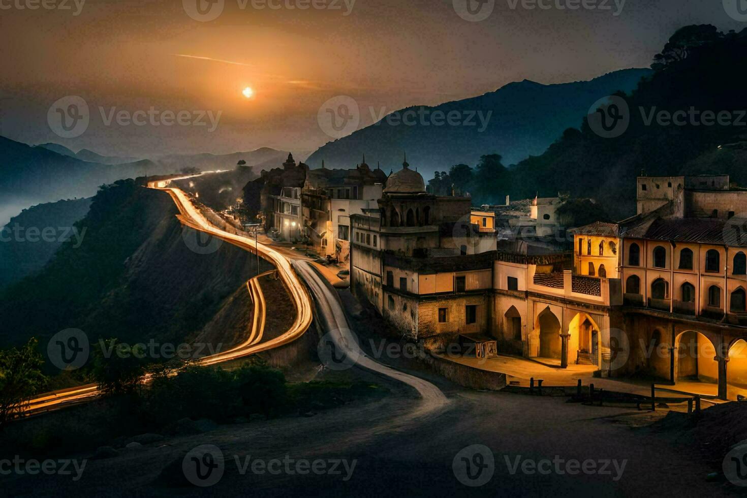 the sun sets over a town in india. AI-Generated photo