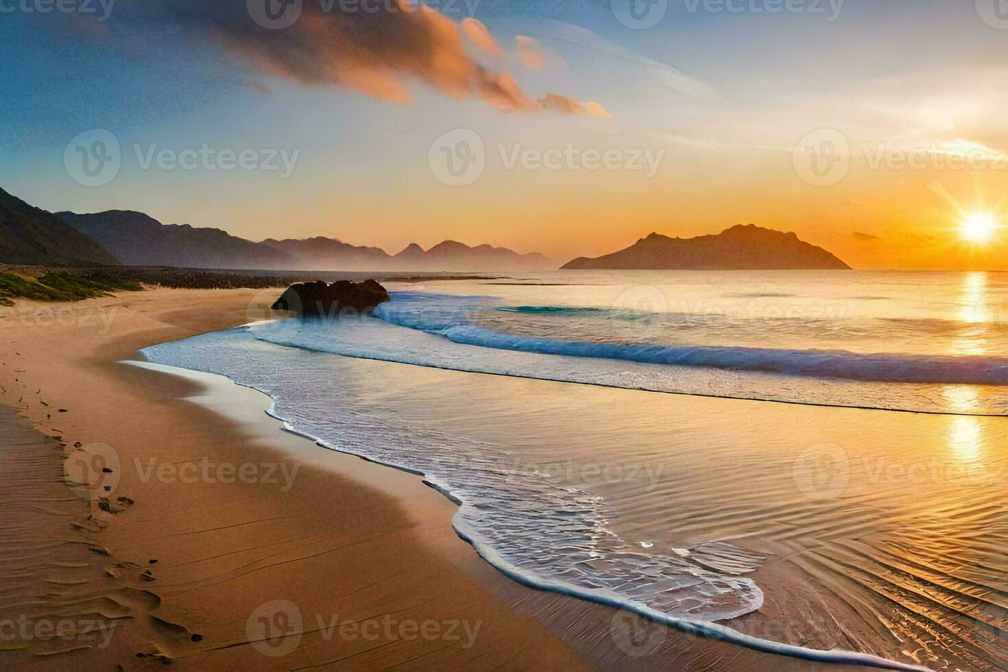 the sun sets on the beach in the background. AI-Generated photo