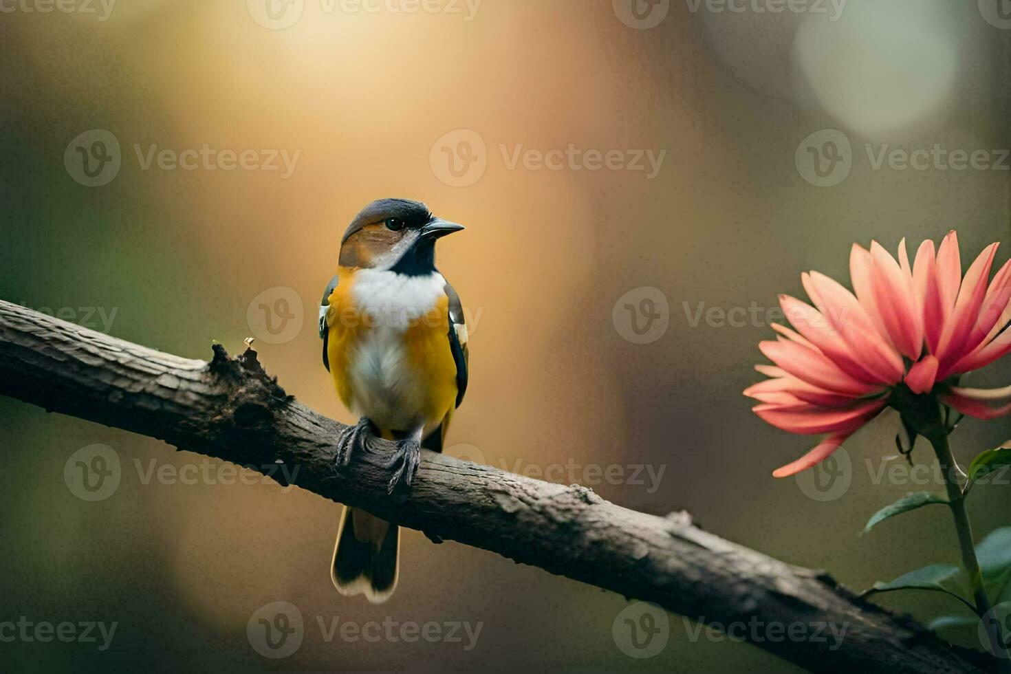 a bird sits on a branch with a flower in the background. AI-Generated photo