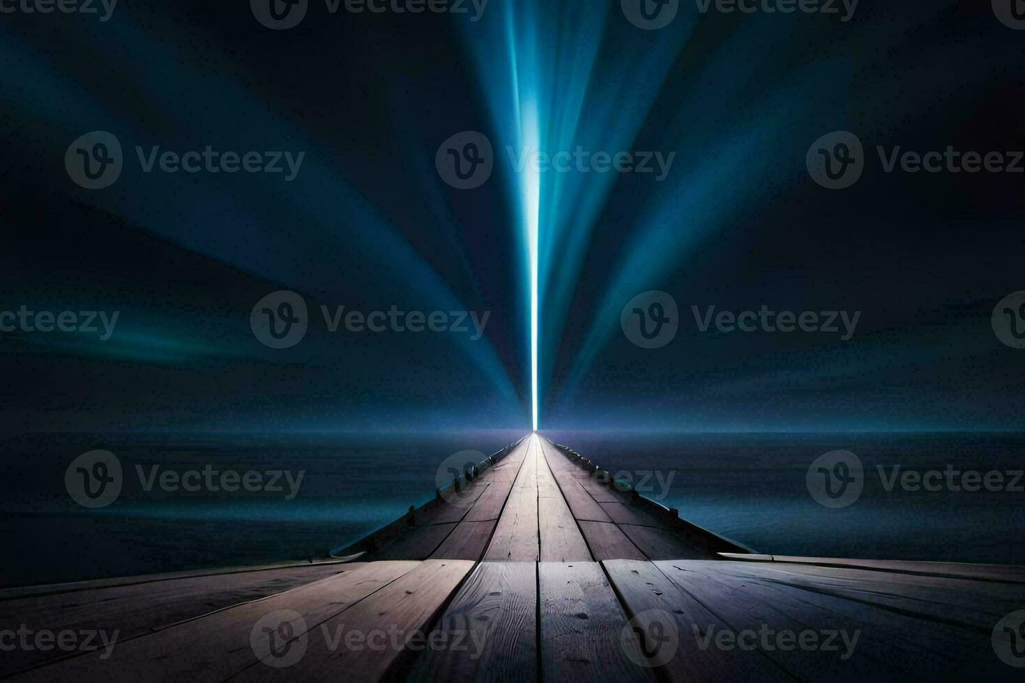 a long pier with a light beam coming from it. AI-Generated photo