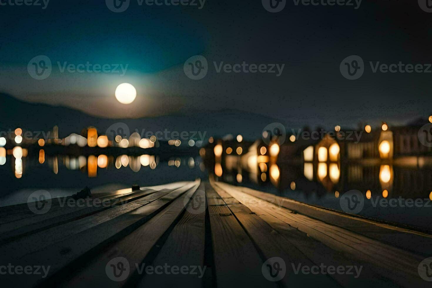 a wooden dock with a moon in the sky. AI-Generated photo