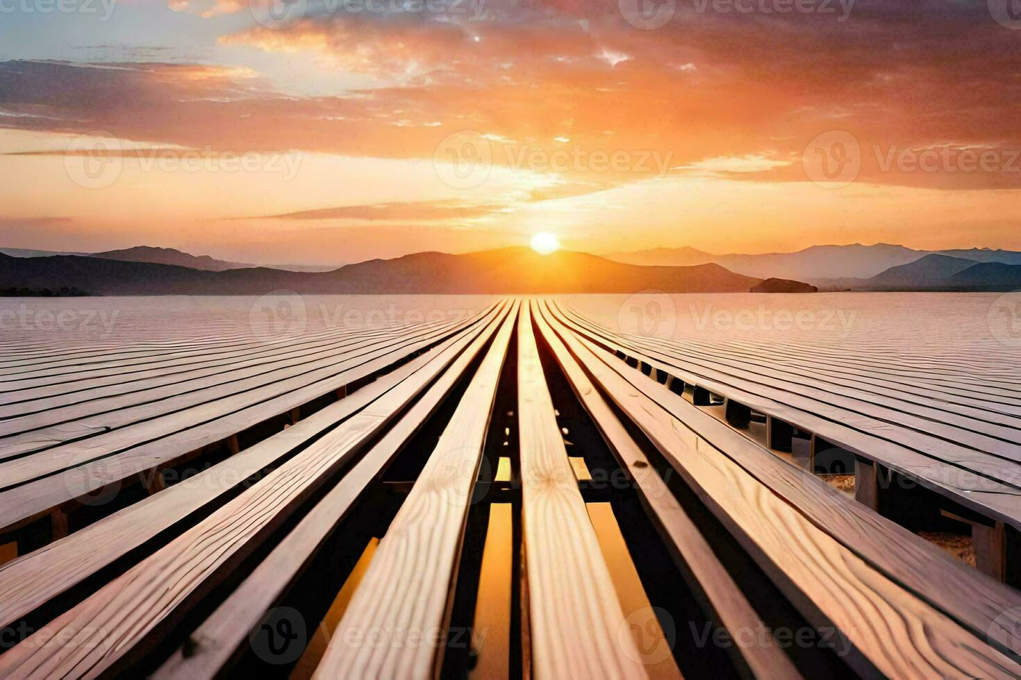 a long wooden pier with the sun setting over it. AI-Generated photo