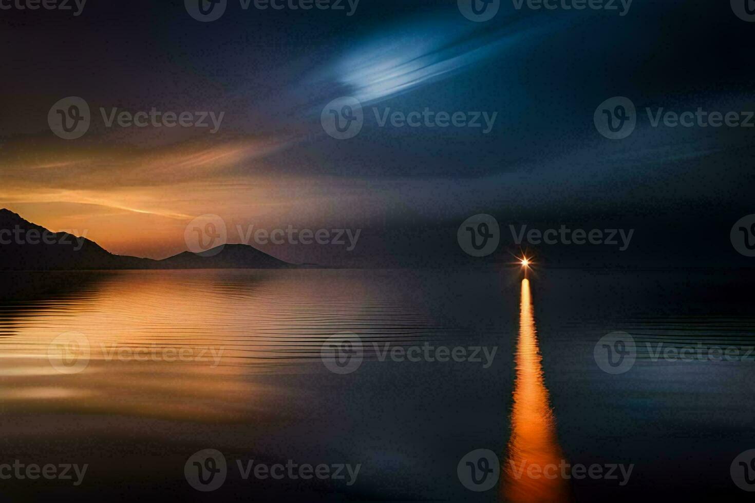 un barco es navegación en el medio de un lago a puesta de sol. generado por ai foto