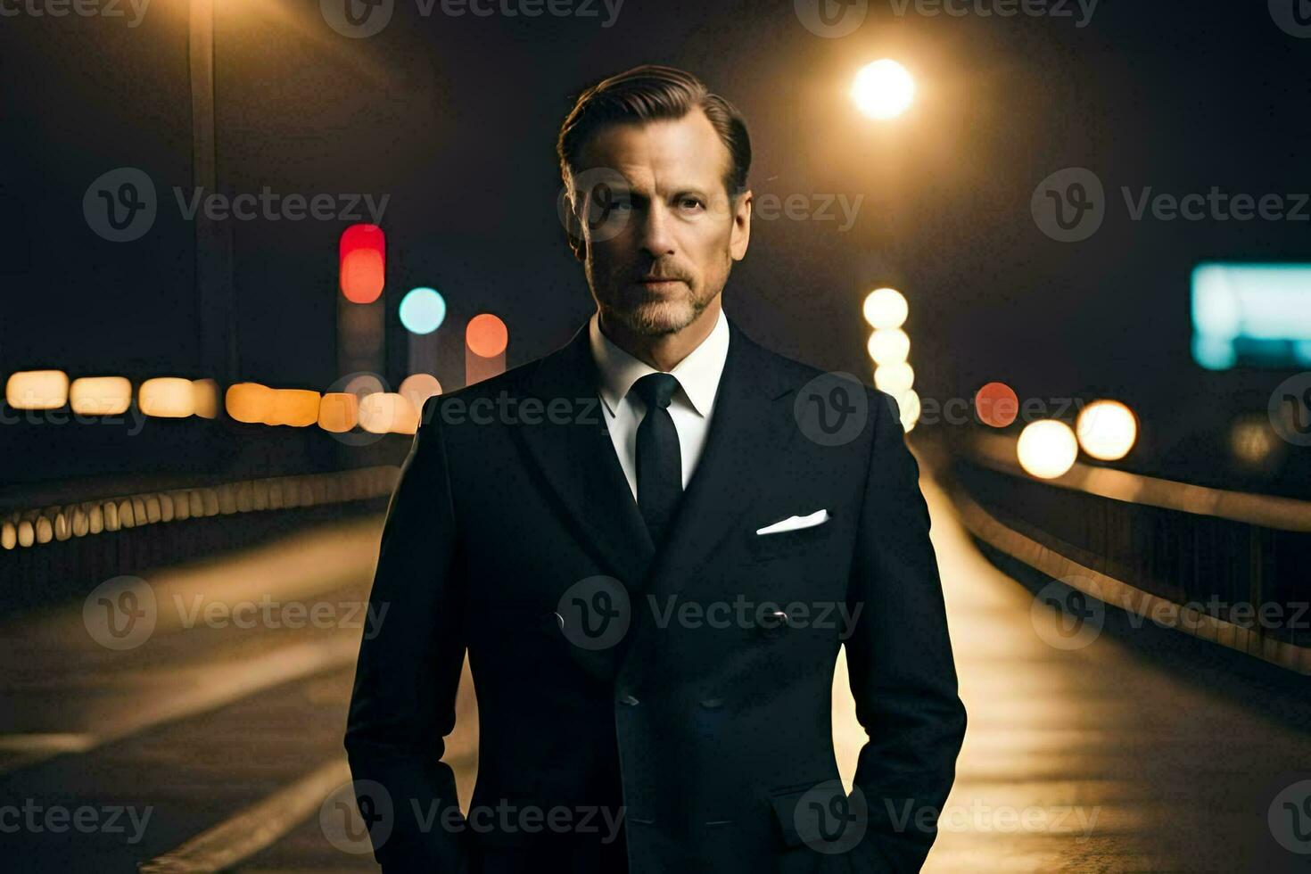 a man in a suit and tie standing on a road at night. AI-Generated photo