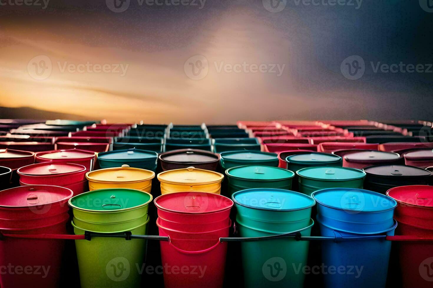 colorful plastic buckets are lined up against a dark sky. AI-Generated photo