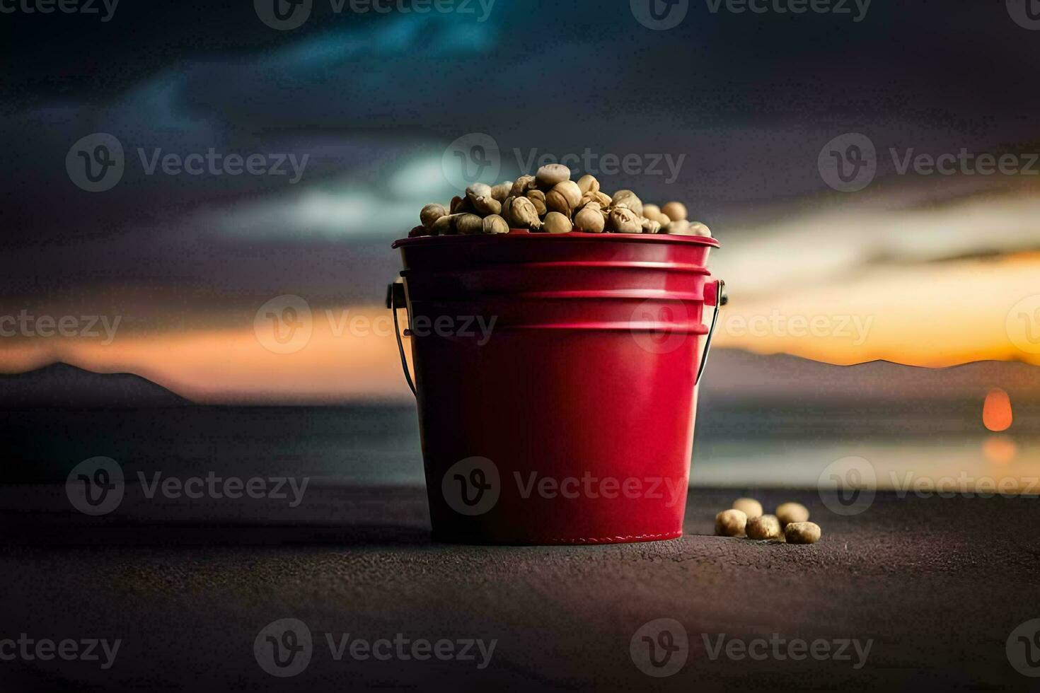 a bucket of peanuts on a table with a sunset in the background. AI-Generated photo