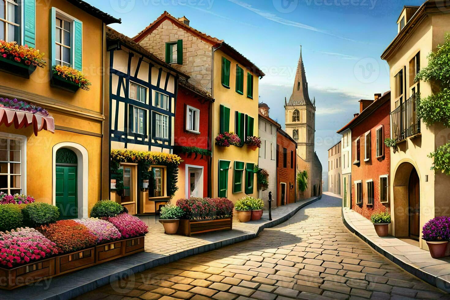 an illustration of a street in europe. AI-Generated photo