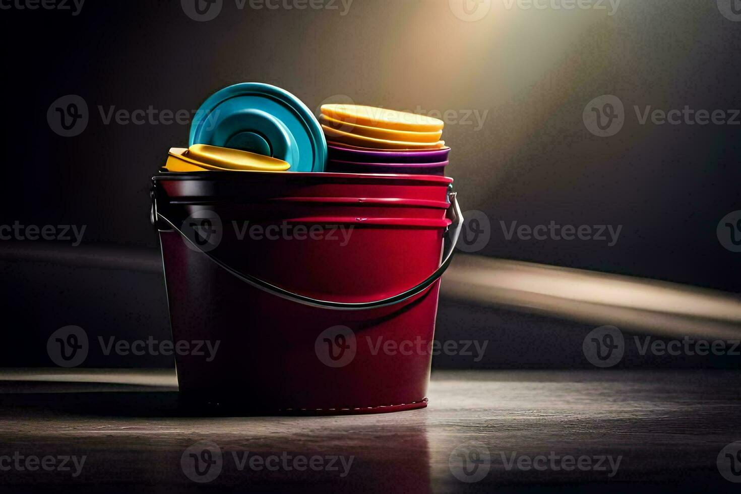 a red bucket with colorful plastic cups inside. AI-Generated photo