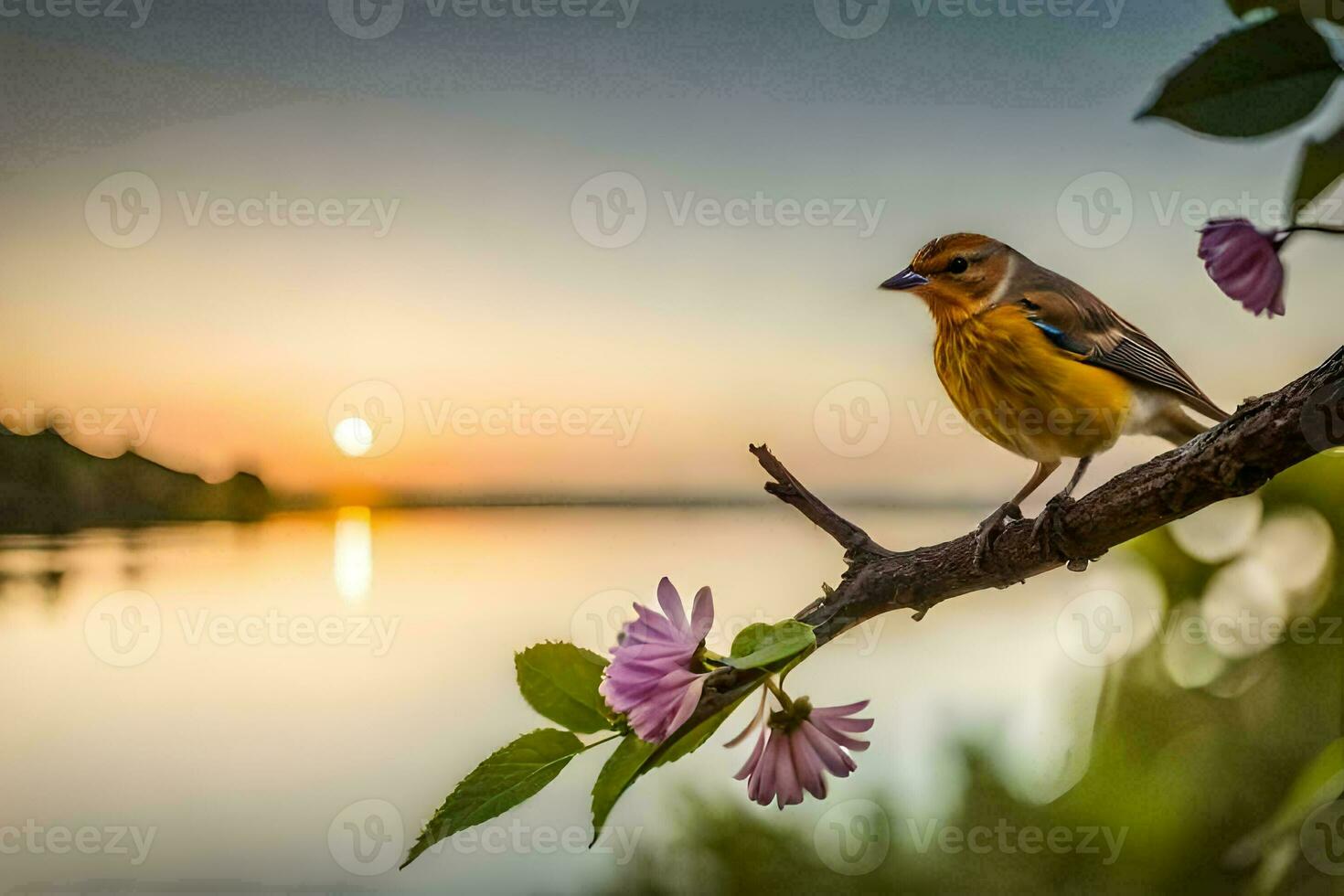 a bird sits on a branch near a lake at sunset. AI-Generated photo