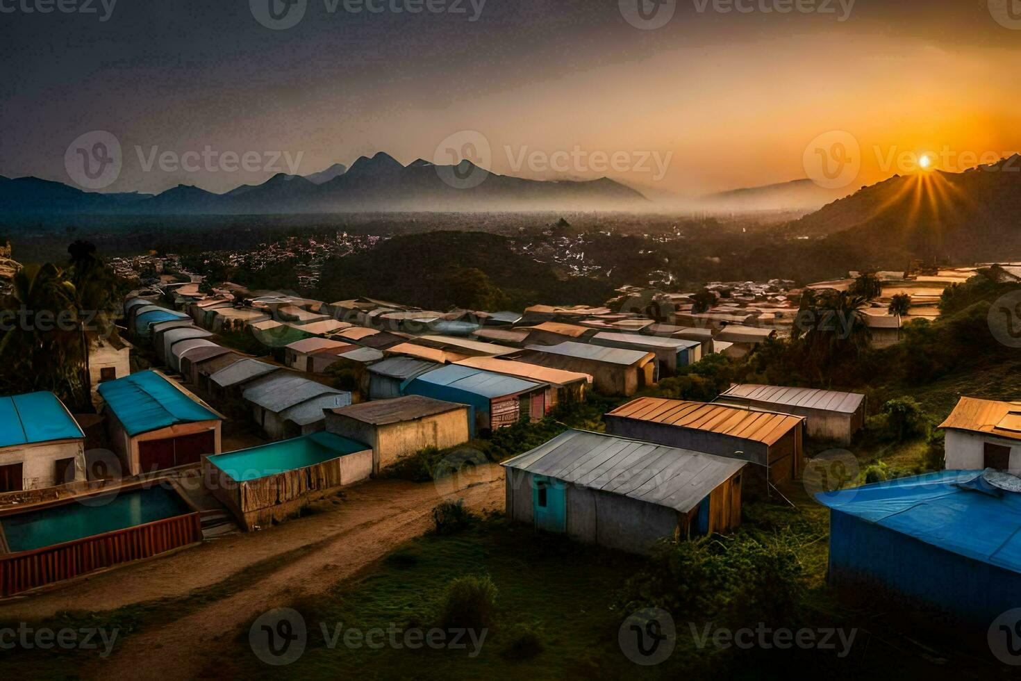 the sun rises over a village in india. AI-Generated photo