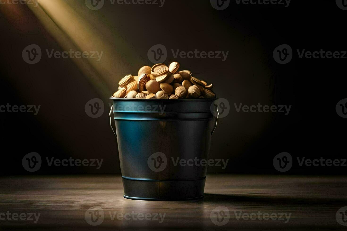 a bucket filled with peanuts on a table. AI-Generated photo