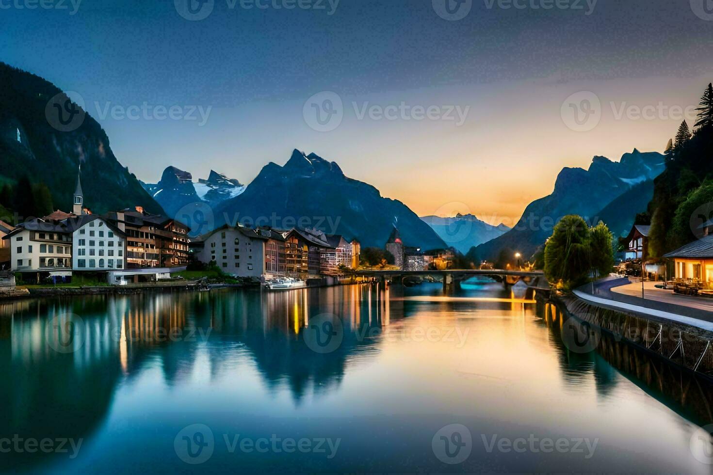 the town of hallstatt, switzerland at sunset. AI-Generated photo