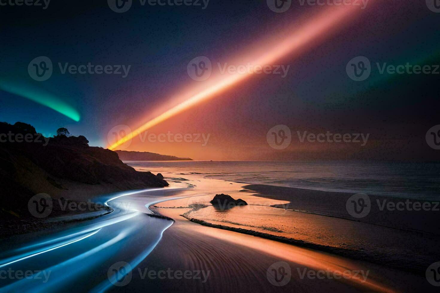 a long exposure photograph of a rainbow light on the beach. AI-Generated photo