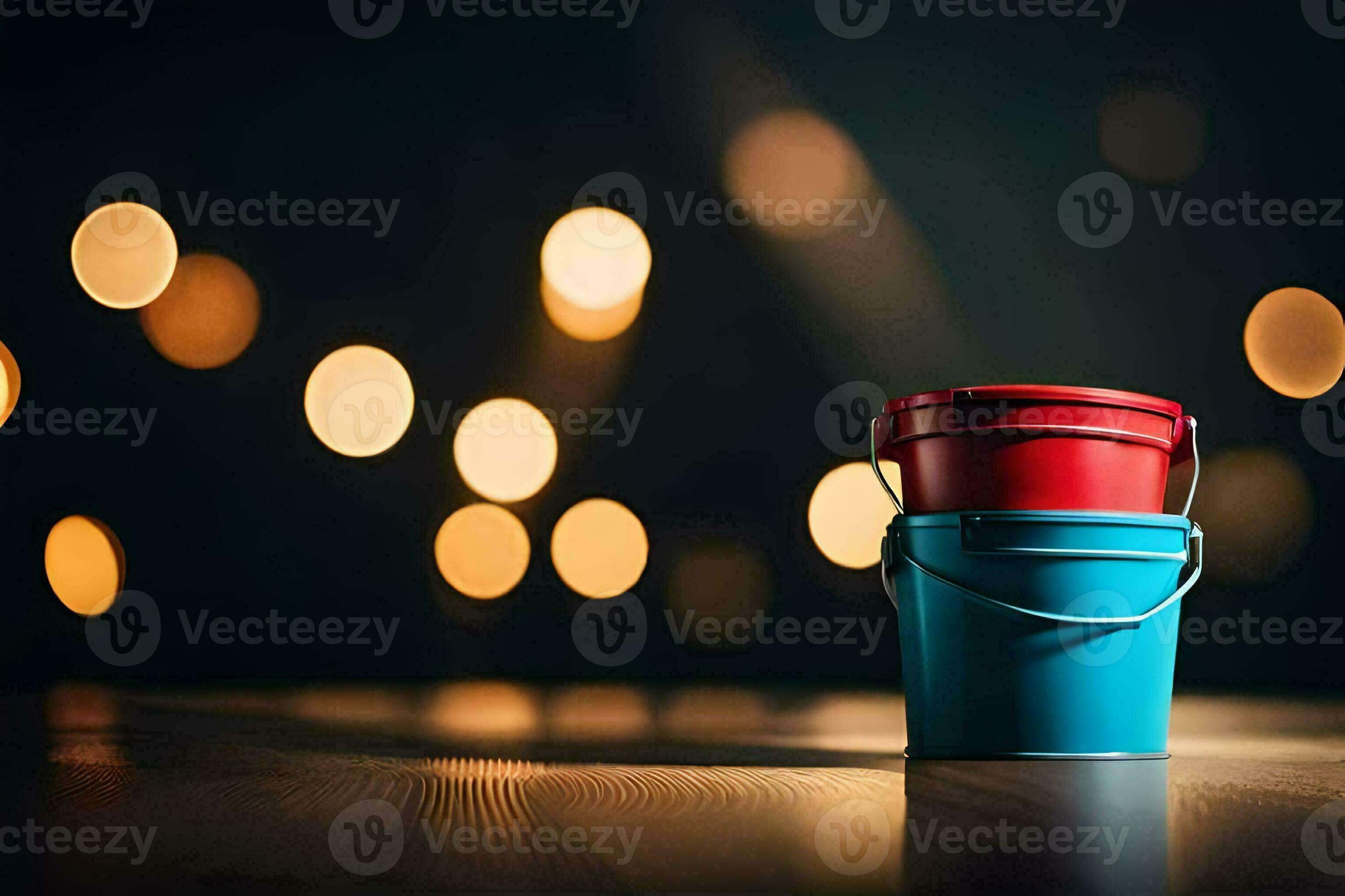 two red and blue buckets on a table with bokeh lights. AIGenerated