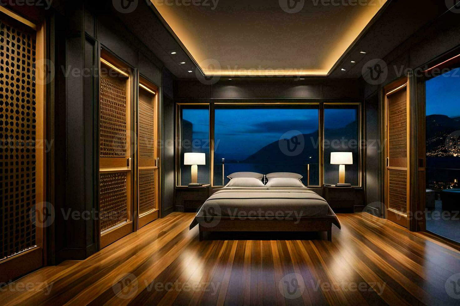 a bedroom with wooden floors and a bed. AI-Generated photo