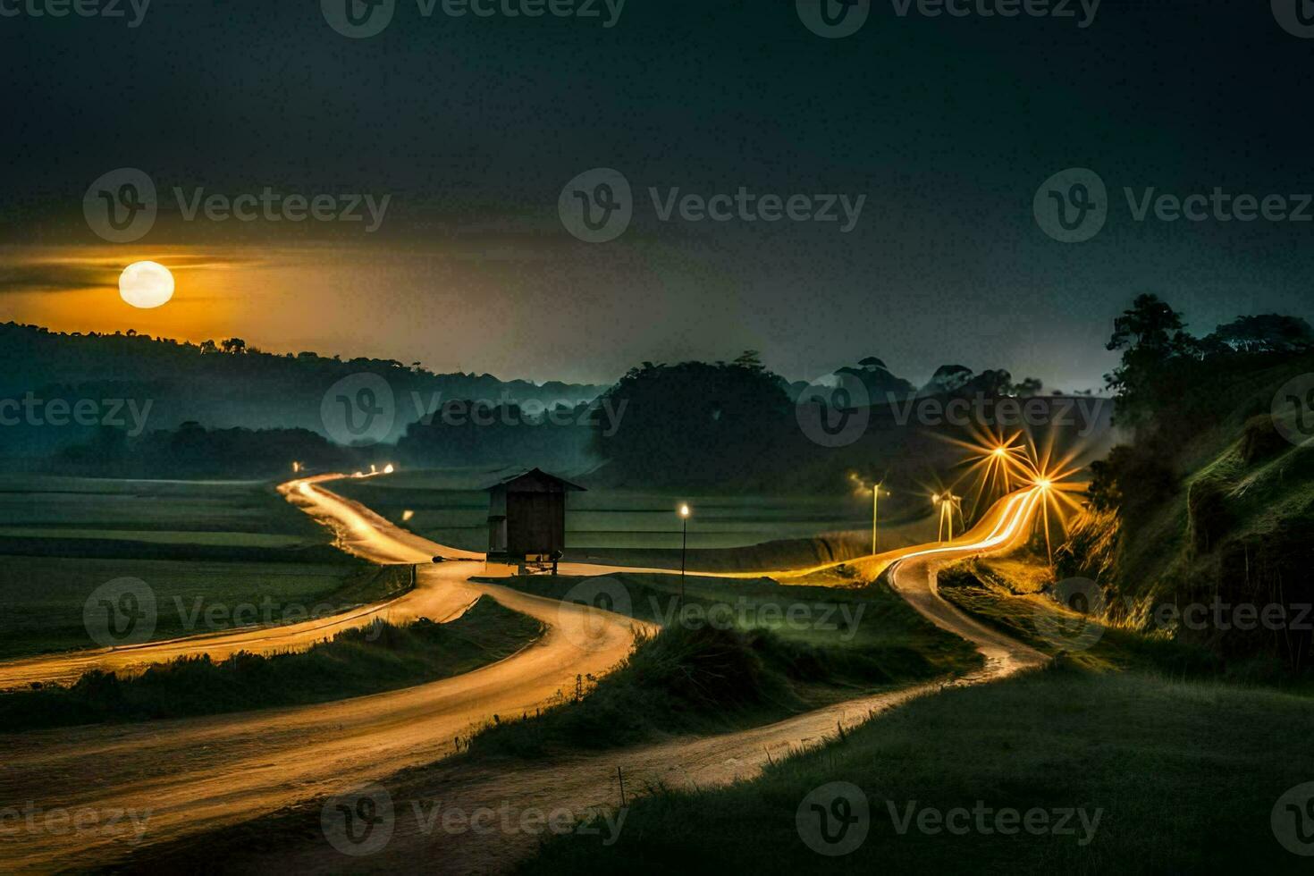 un largo exposición foto de un la carretera a noche. generado por ai