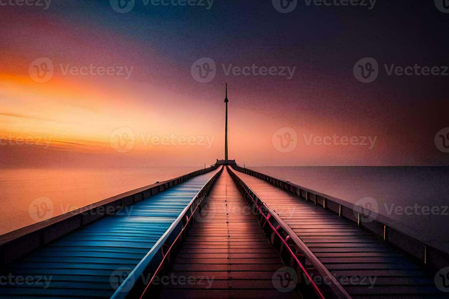 a long exposure photo of a pier at sunset. AI-Generated