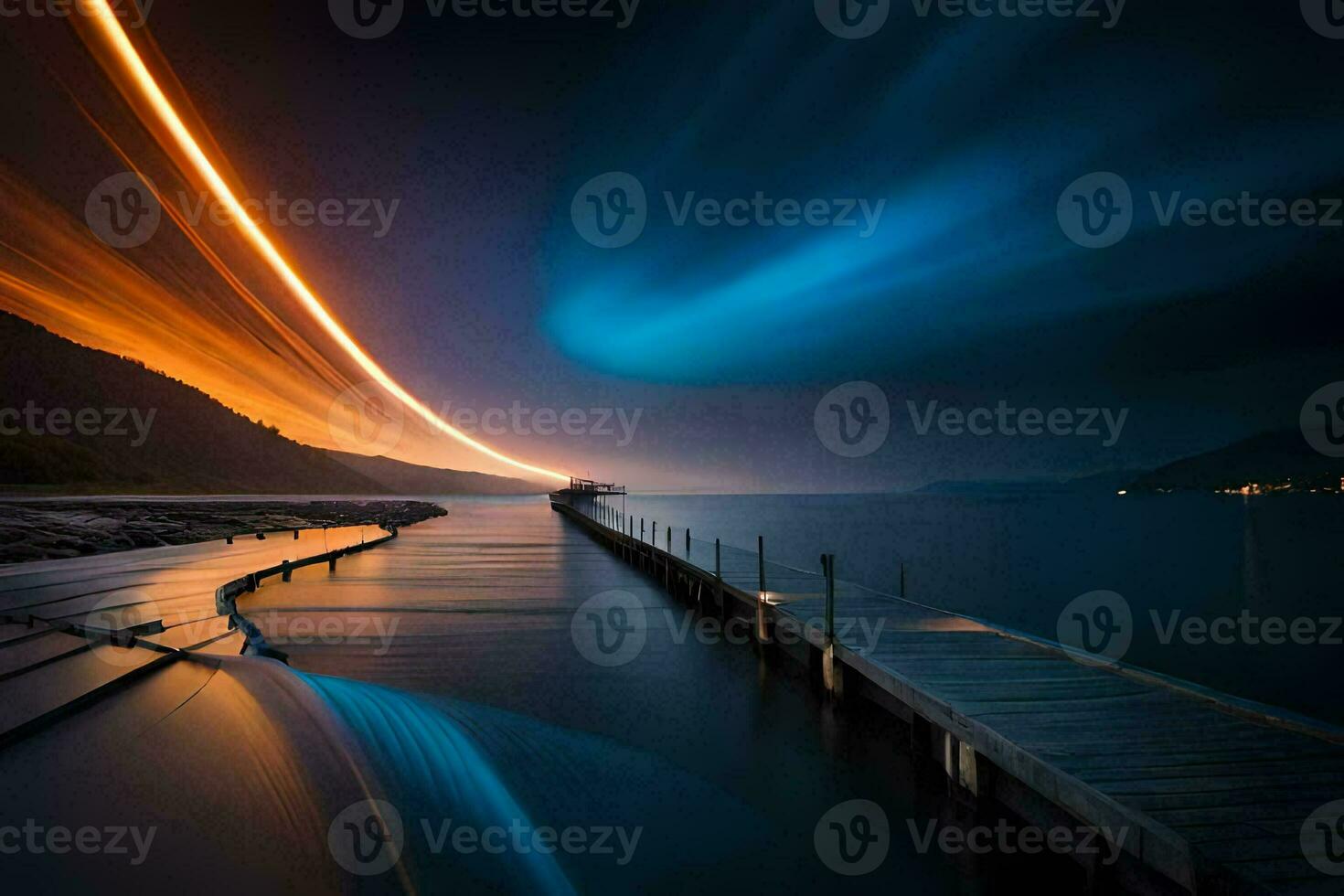 a long exposure photo of a dock at night. AI-Generated