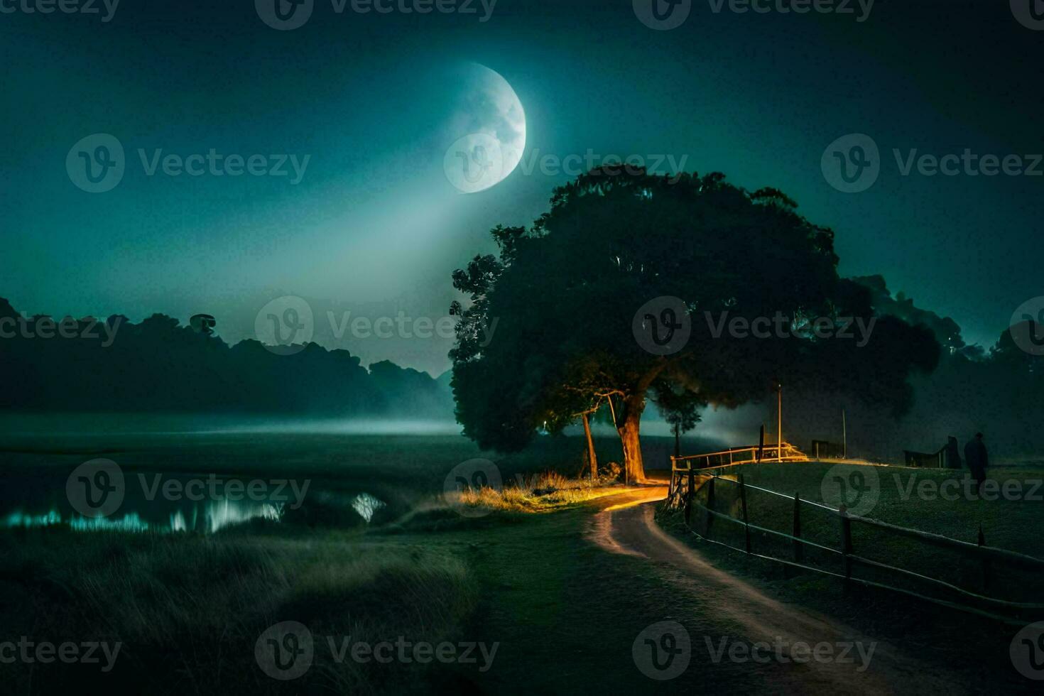 a path leading to a moonlit field. AI-Generated photo