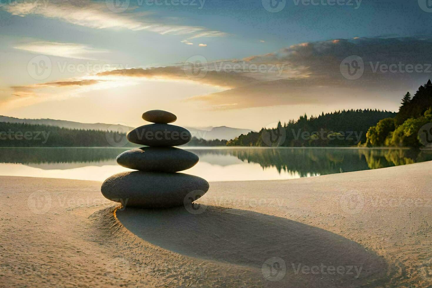 a stack of stones on the beach at sunset. AI-Generated photo