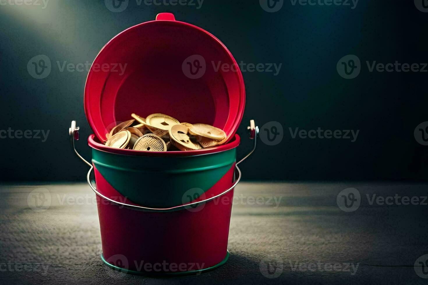 a red bucket filled with coins on a wooden table. AI-Generated photo