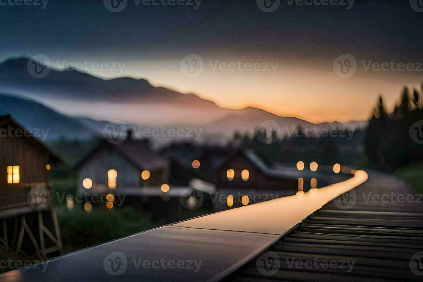 a wooden bridge leads to a small village at sunset. AI-Generated photo