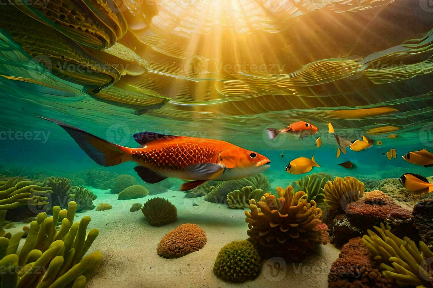 a fish swims in the ocean with coral reefs and fish. AI-Generated photo
