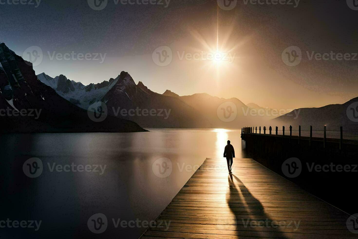 un persona caminando en un muelle en frente de un lago y montañas. generado por ai foto