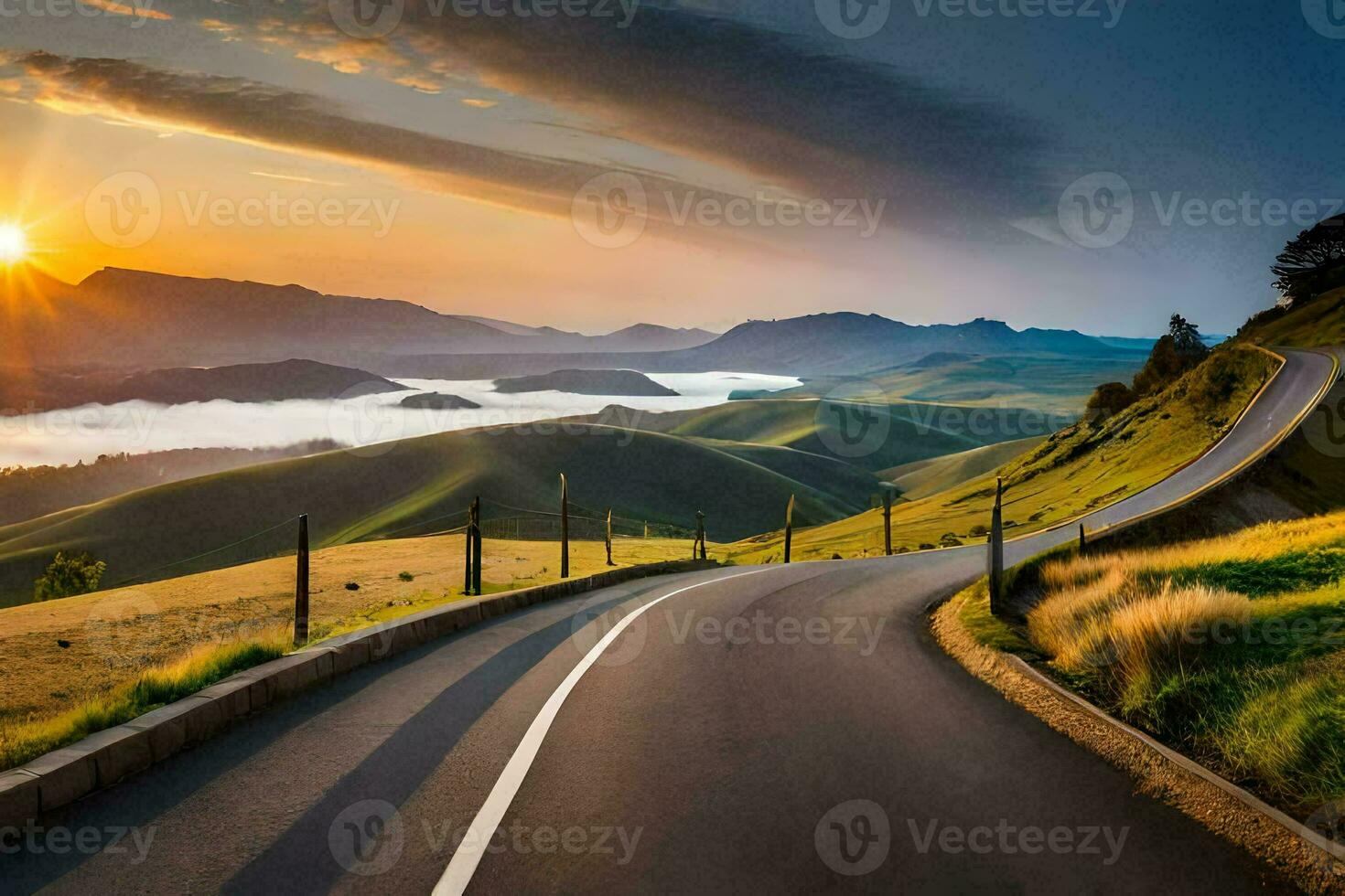 the road to the sunset. AI-Generated photo