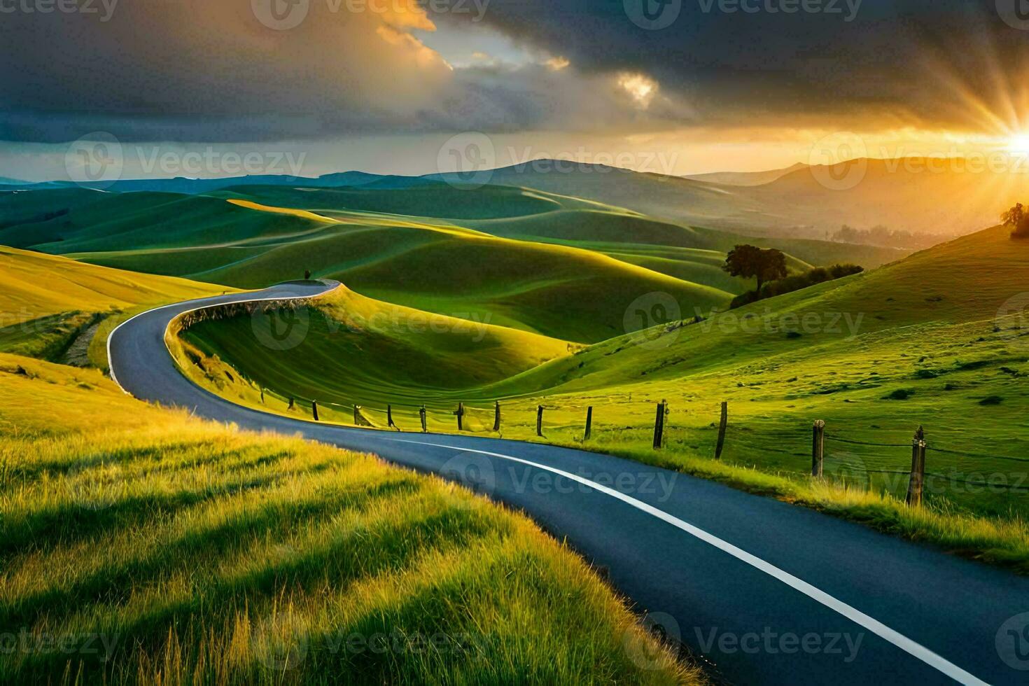 the sun sets over a winding road in the middle of a green field. AI-Generated photo