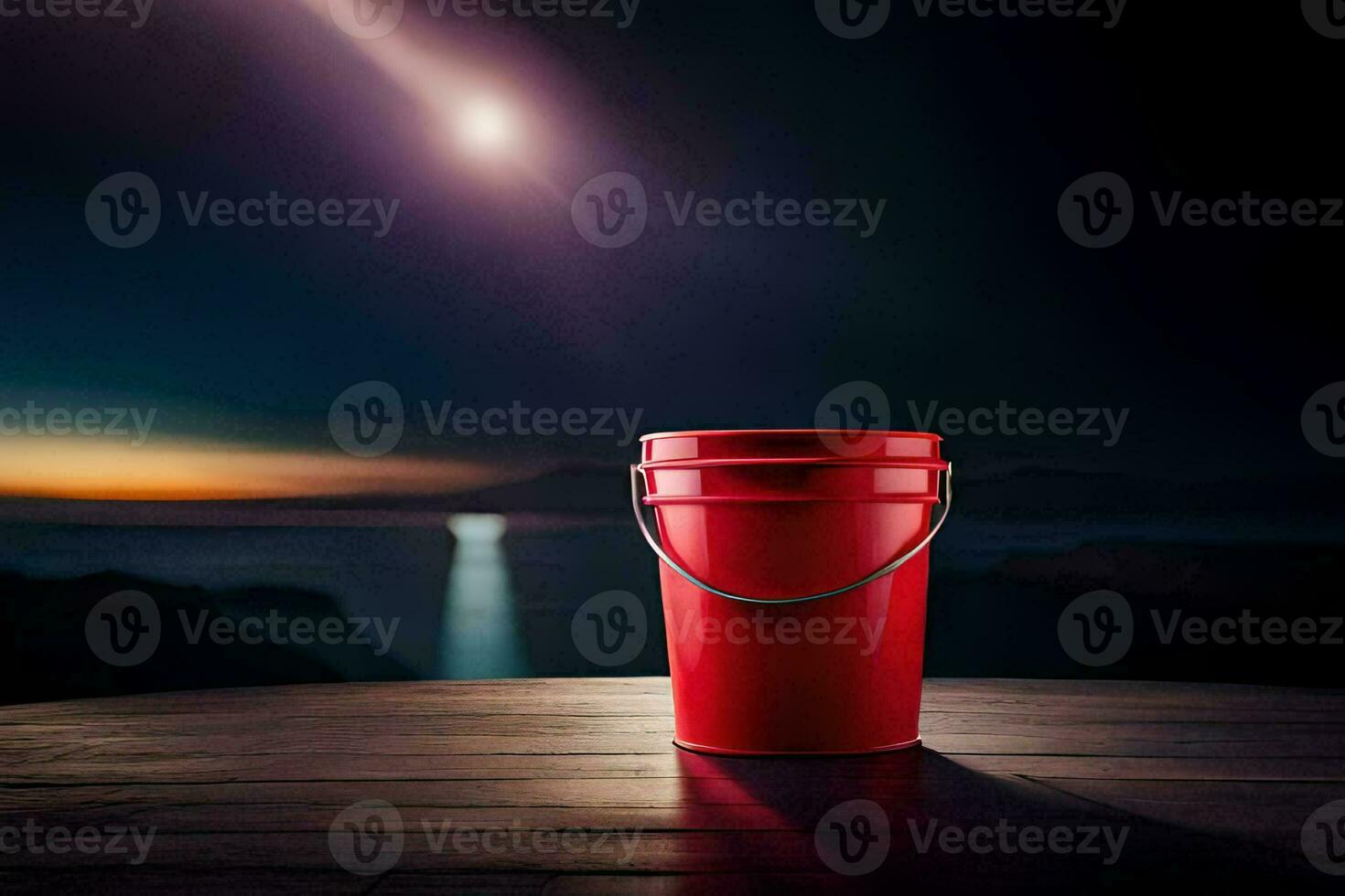 a red bucket on a wooden table in front of a full moon. AI-Generated photo