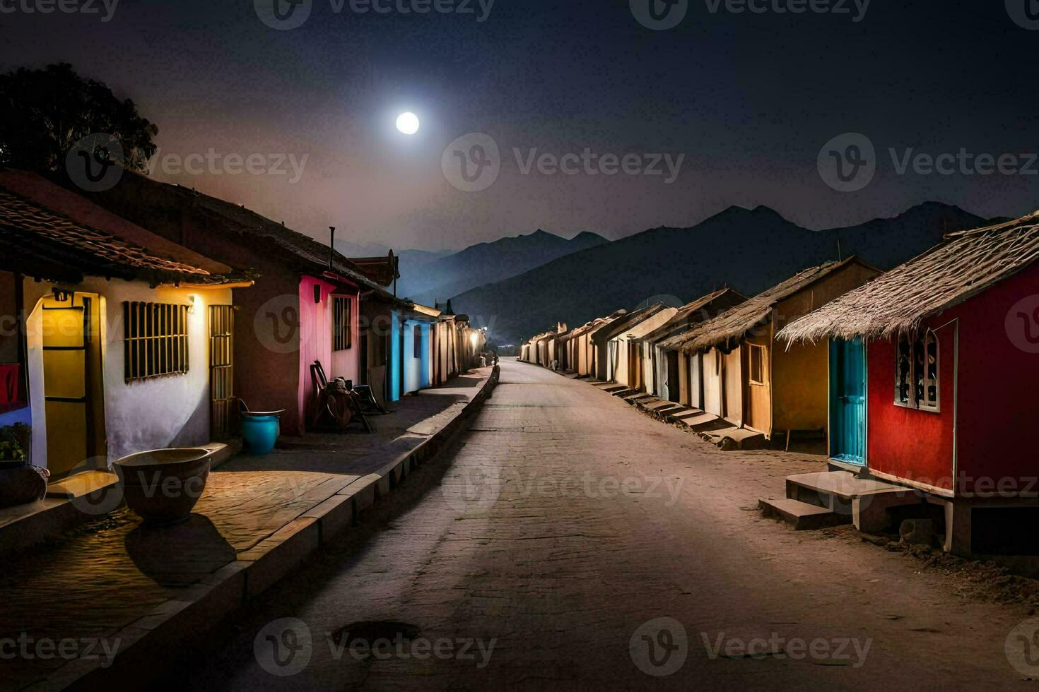 a street lined with colorful houses at night. AI-Generated photo