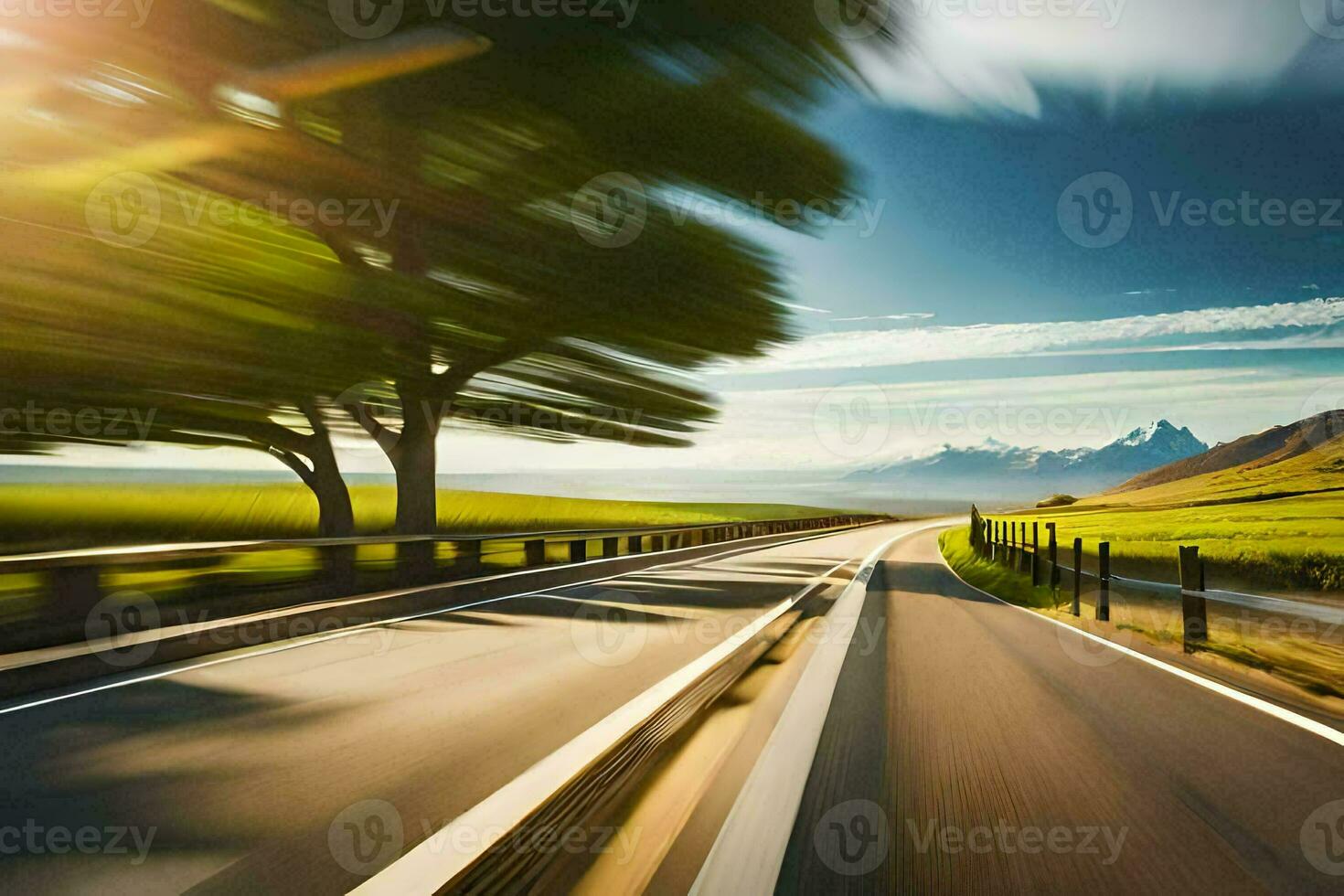 a car driving on a road with trees and mountains in the background. AI-Generated photo