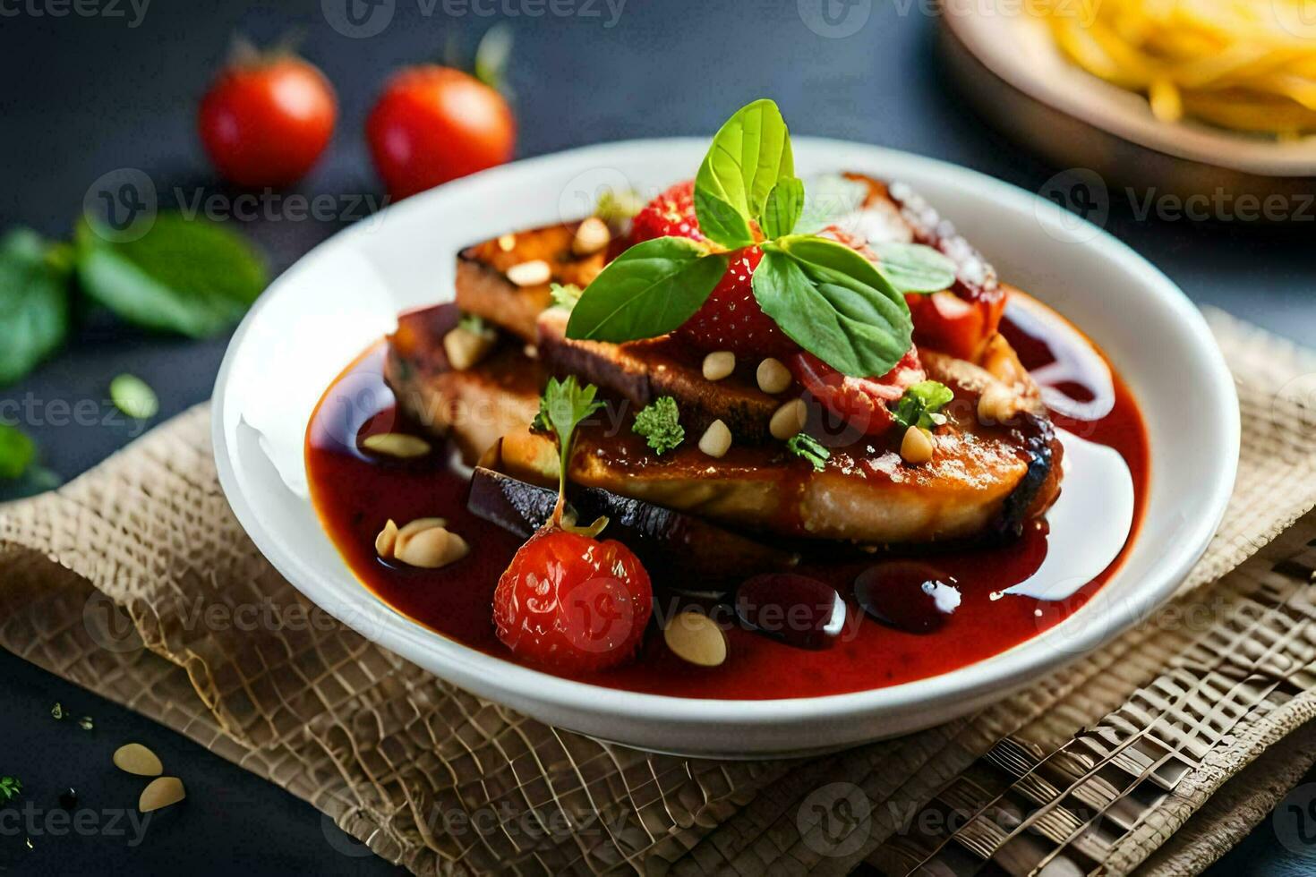 a bowl of food with tomatoes and basil. AI-Generated photo