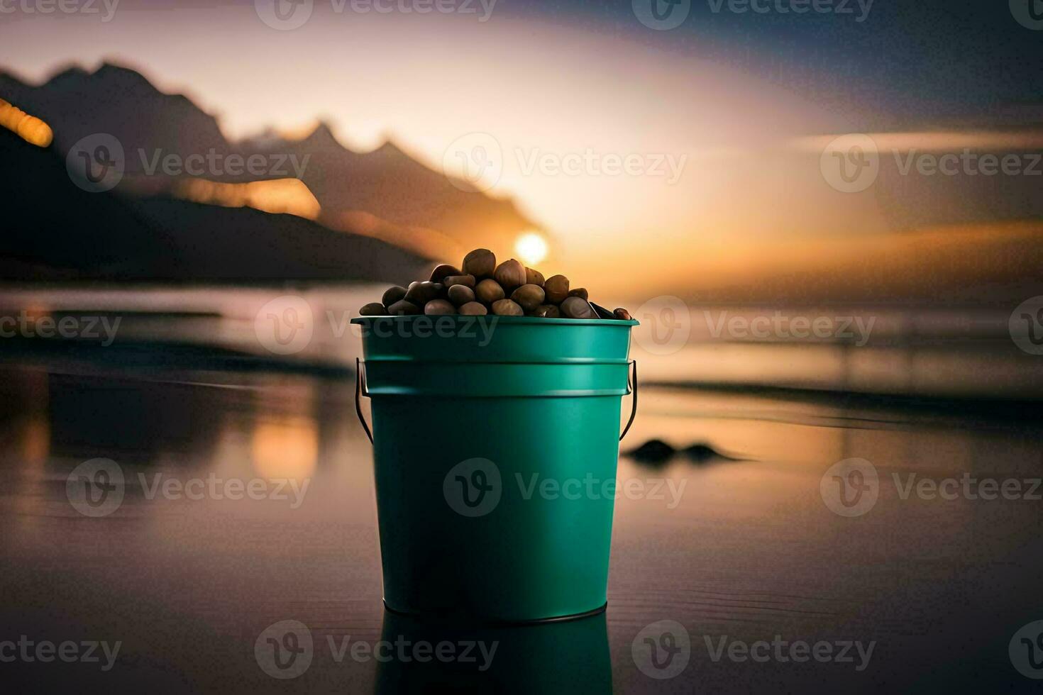 a bucket of nuts on the beach at sunset. AI-Generated photo