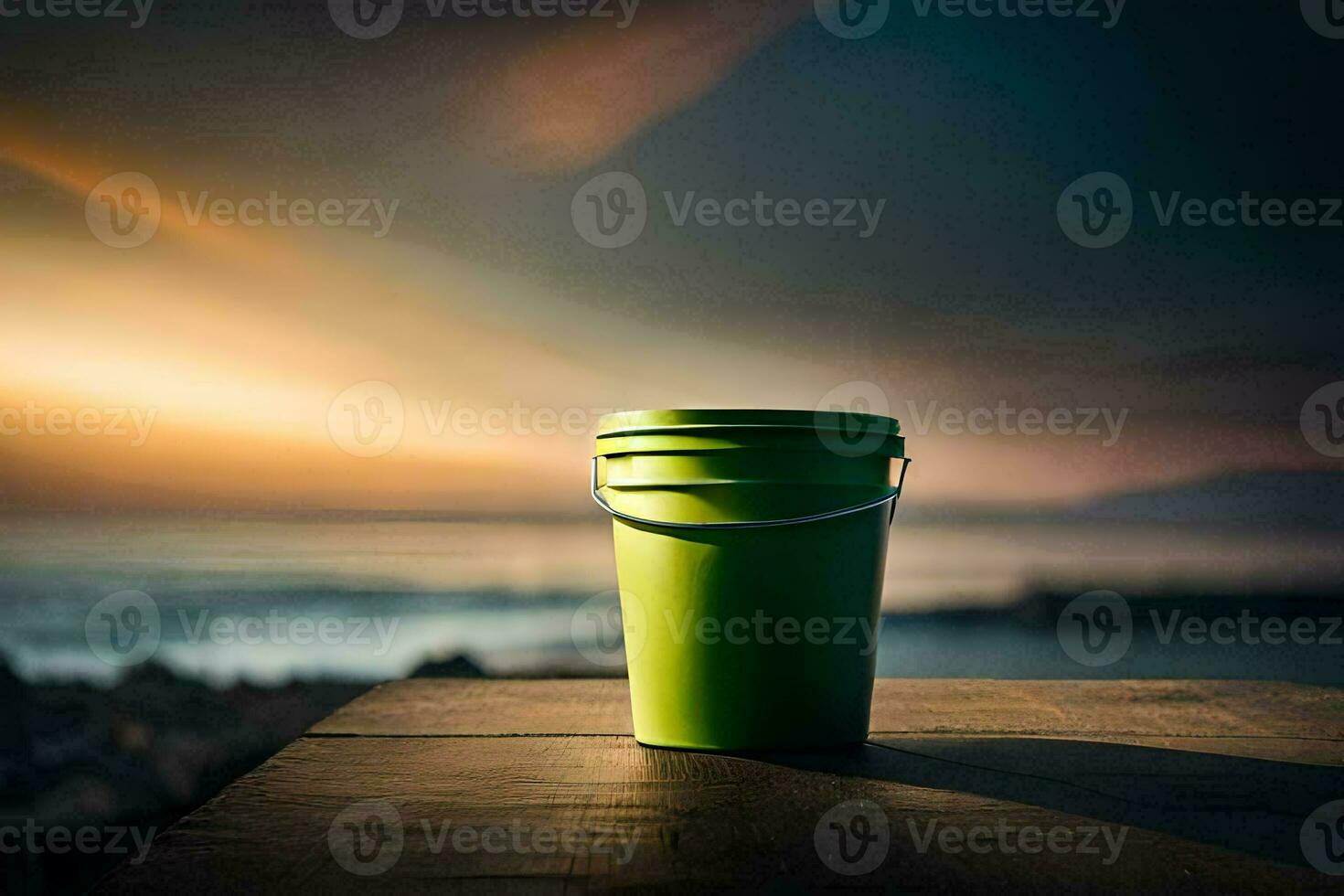 a green bucket sitting on a wooden table in front of the ocean. AI-Generated photo