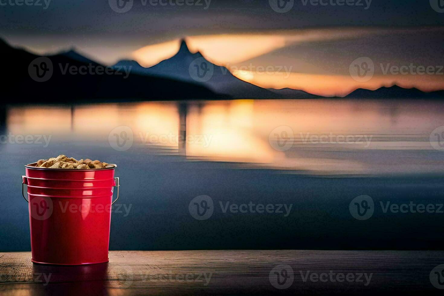 a red bucket with peanuts sitting on a table in front of a lake. AI-Generated photo