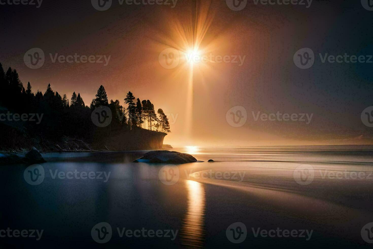 the sun shines over a body of water and trees. AI-Generated photo