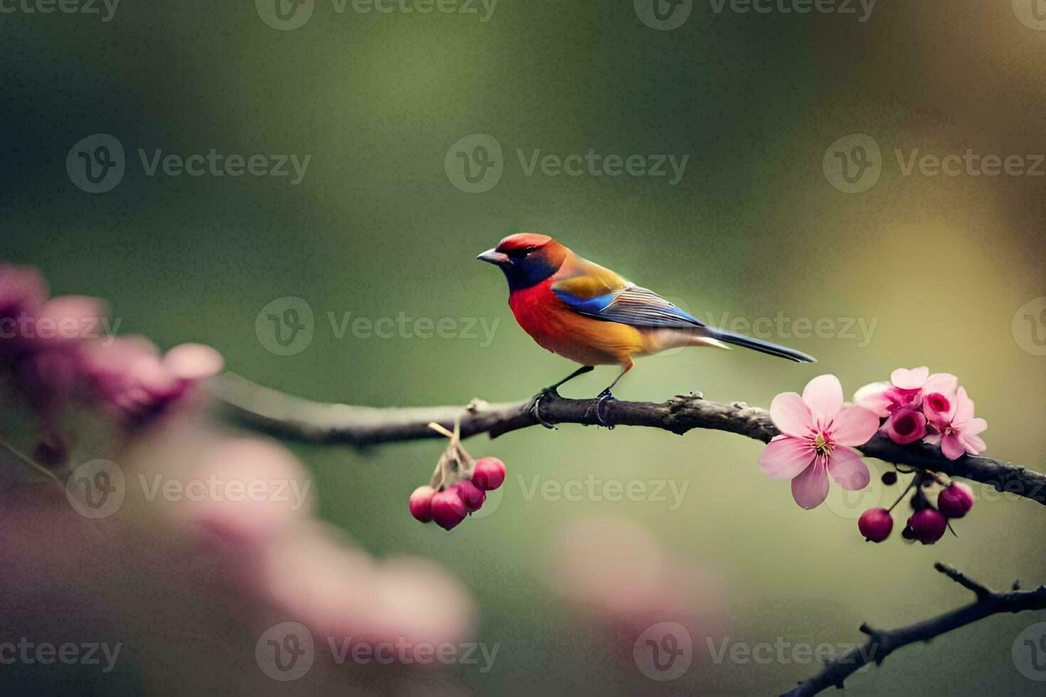 a colorful bird sits on a branch with pink flowers. AI-Generated photo