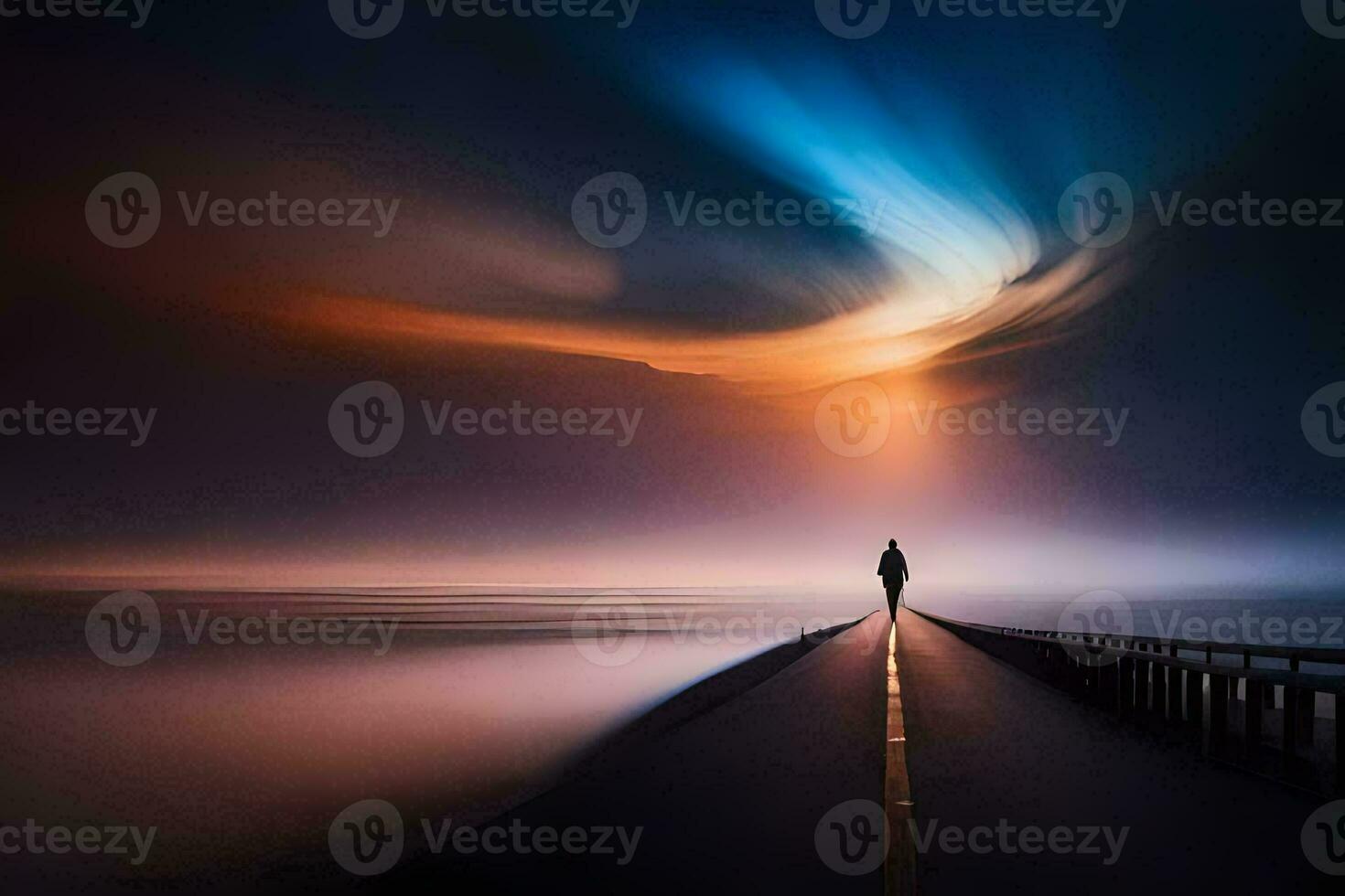 un hombre soportes en un muelle mirando a el cielo. generado por ai foto