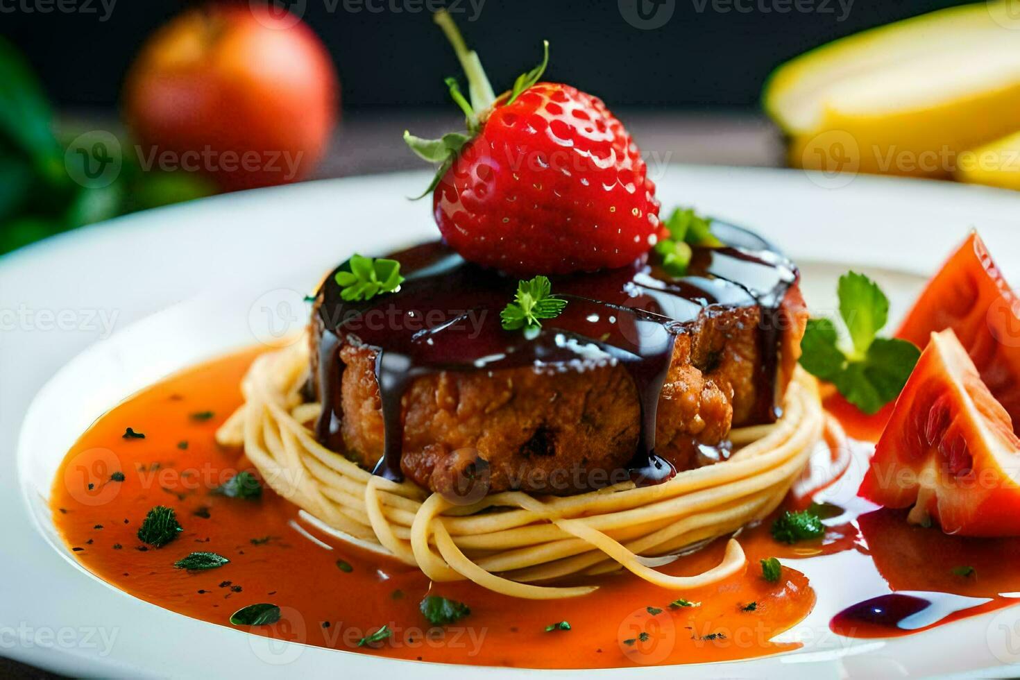 a plate with spaghetti, meat and strawberries. AI-Generated photo