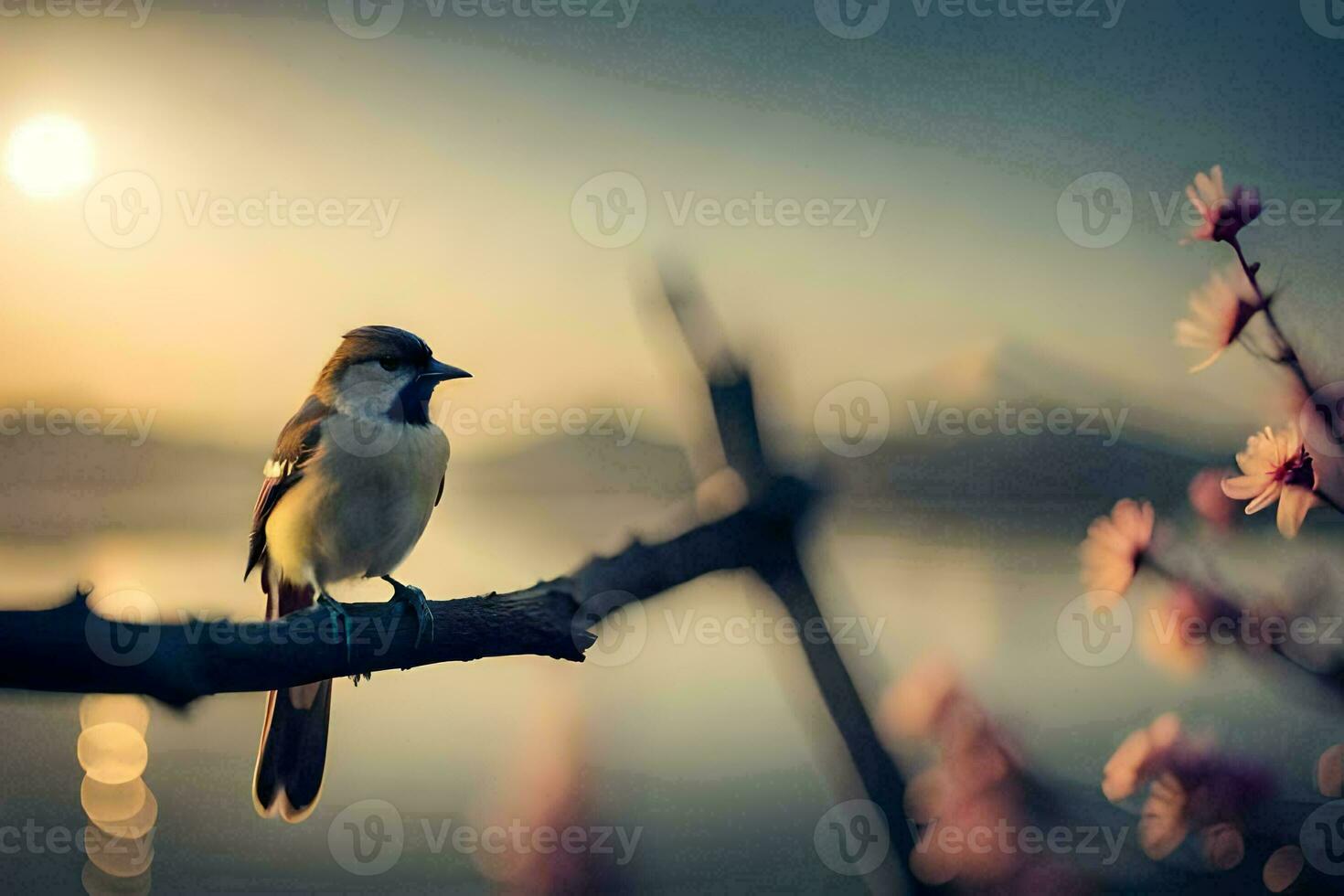 a bird sits on a branch near a lake. AI-Generated photo